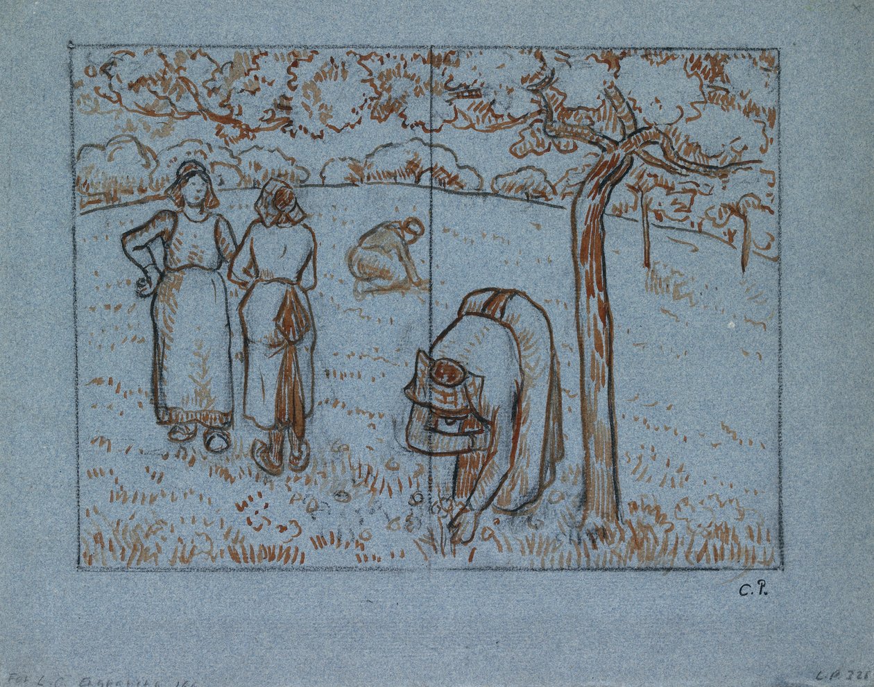 Kompositionsstudie von vier weiblichen Bauern, die in einem Obstgarten arbeiten 