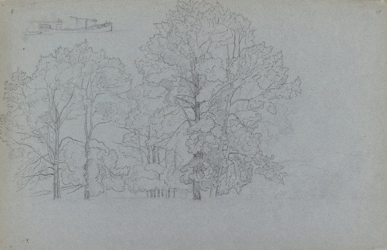 Studie von Bäumen, mit einer leichten Studie eines Lastkahns, 1859 von Camille Pissarro