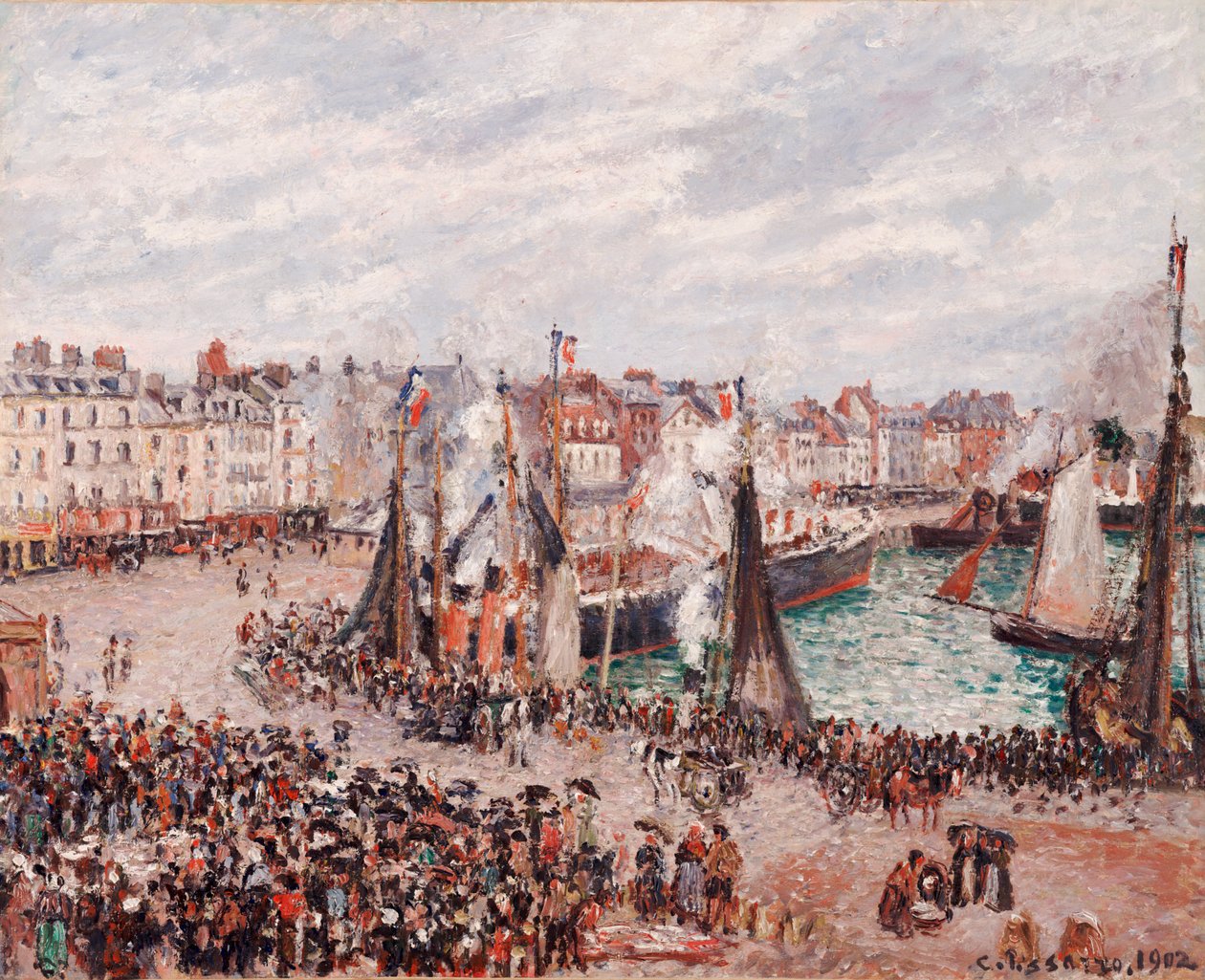Der Fischmarkt, Dieppe: Graues Wetter, Morgen von Camille Pissarro