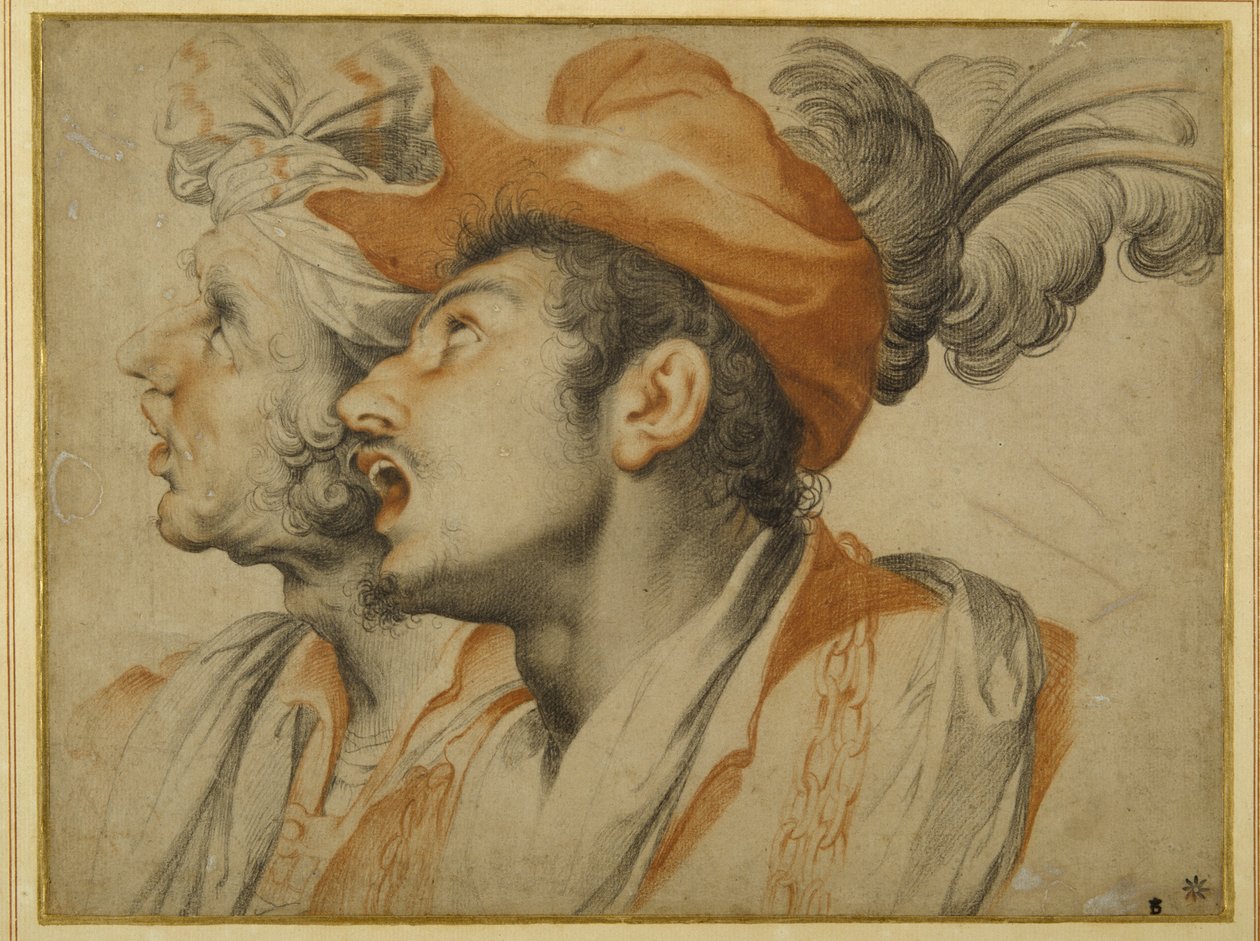 Groteske von zwei modisch gekleideten Männern, die singen von Camillo Procaccini