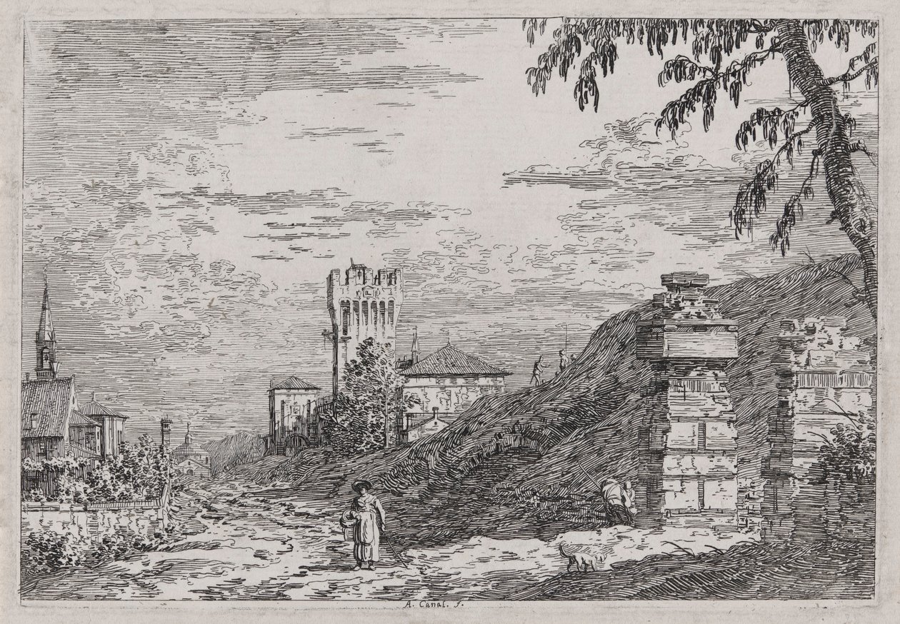 Landschaft mit Turm und zwei zerstörten Säulen, aus der Serie Vedute von Canaletto (Giovanni Antonio Canal)