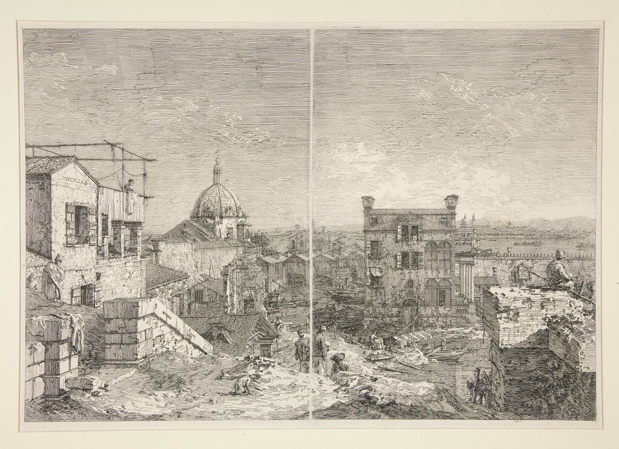 Das Haus mit der Inschrift: MDCCXLI. A. C. und Das Haus mit dem Peristyl und sechs Säulen, aus der Serie Vedute (Ansichten) von Canaletto (Giovanni Antonio Canal)