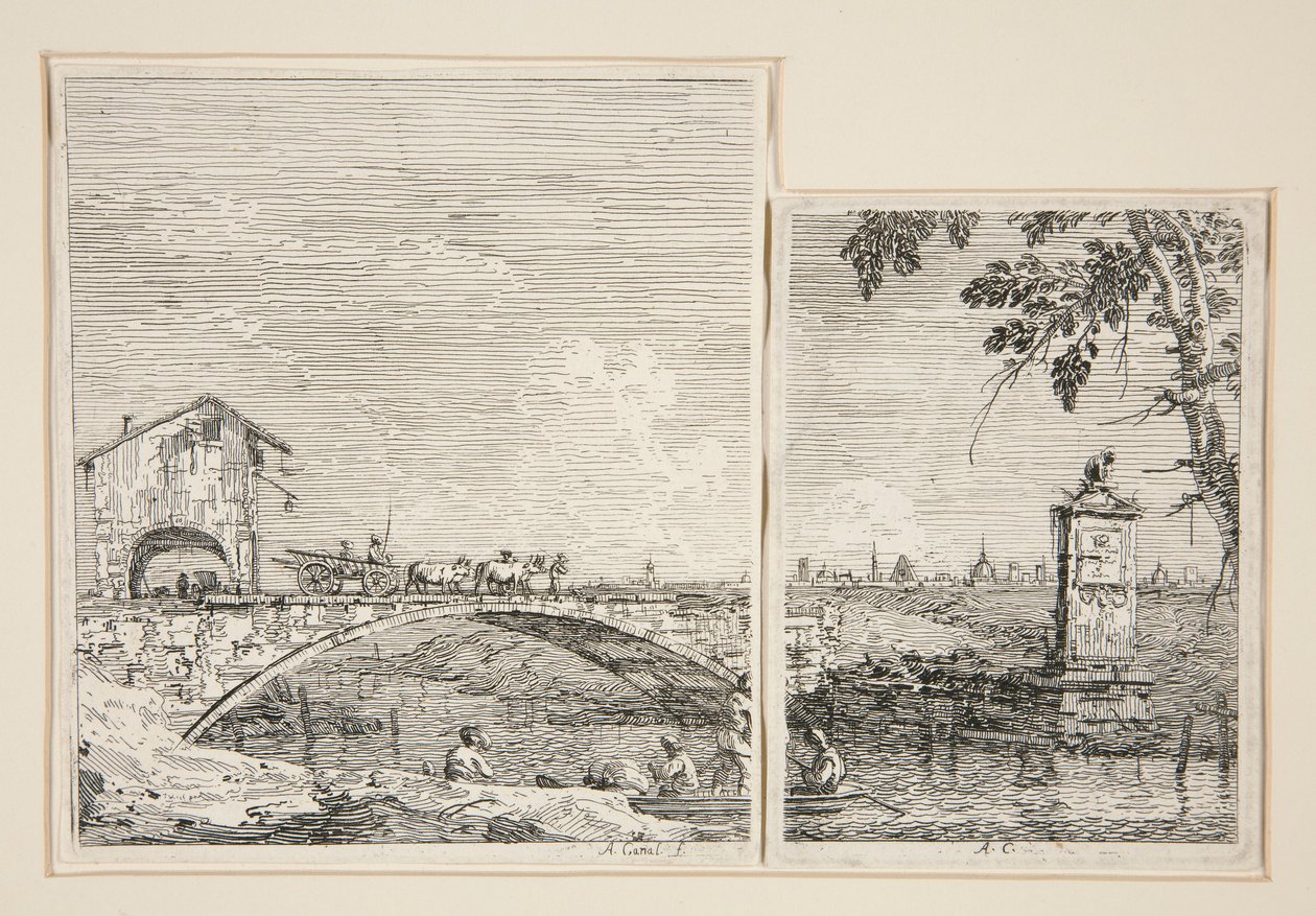 Der Wagen überquert eine Brücke [und] Das kleine Denkmal (unter einem Baum), aus der Serie Vedute von Canaletto (Giovanni Antonio Canal)