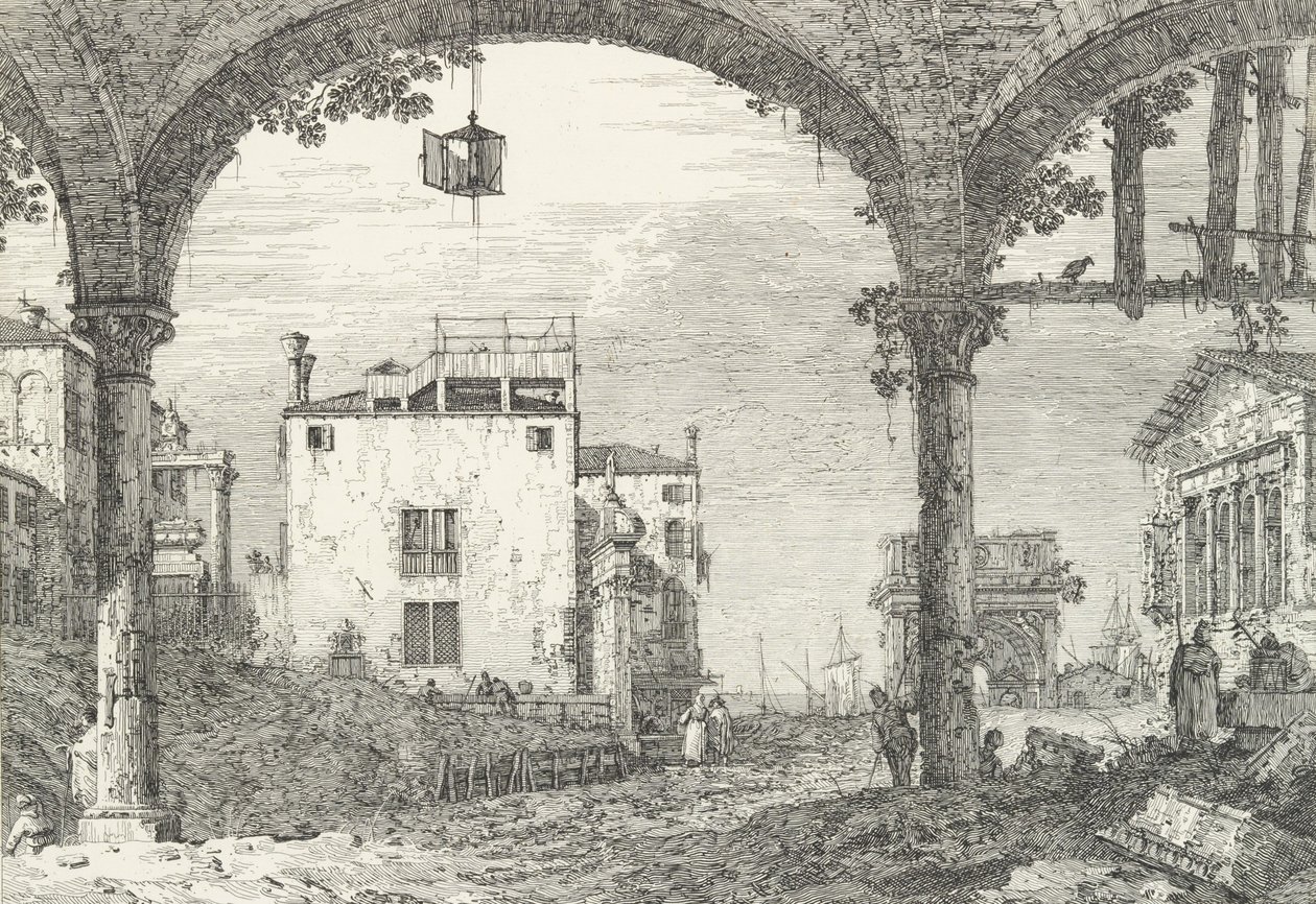 Ein dreibogiges Portikus mit einer offenen Laterne in der Mitte, ein Triumphbogen und Ruinen von Canaletto
