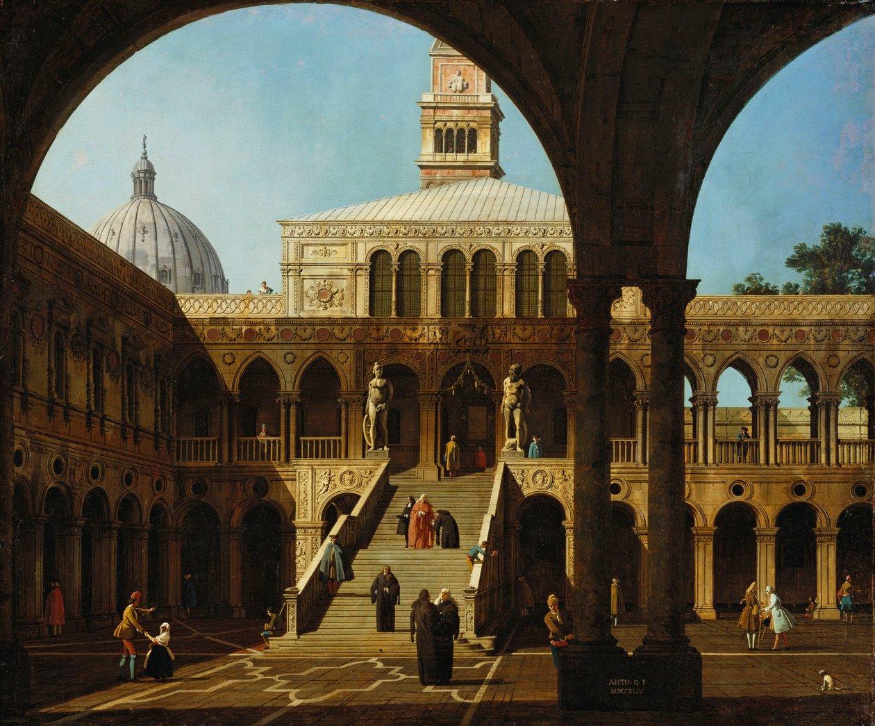 Canaletto - Capriccio-Ansicht des Innenhofs des Palazzo Ducale mit der Scala dei Giganti, signiert und datiert 1744 von Canaletto