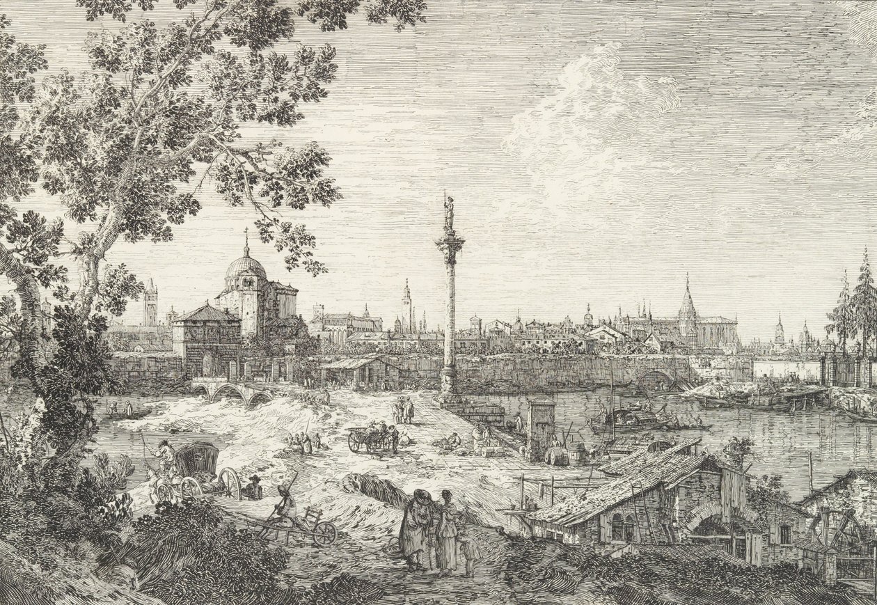 Imaginäre Ansicht von Padua, mit einem Campanile und einer Kuppelkirche links, einer Säule... von Canaletto