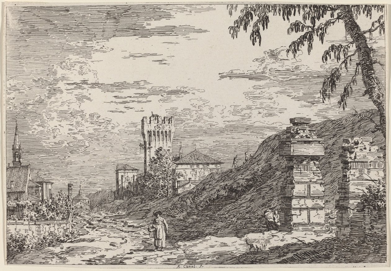 Landschaft mit Turm und zwei zerstörten Säulen, ca. 1735-1746 von Canaletto