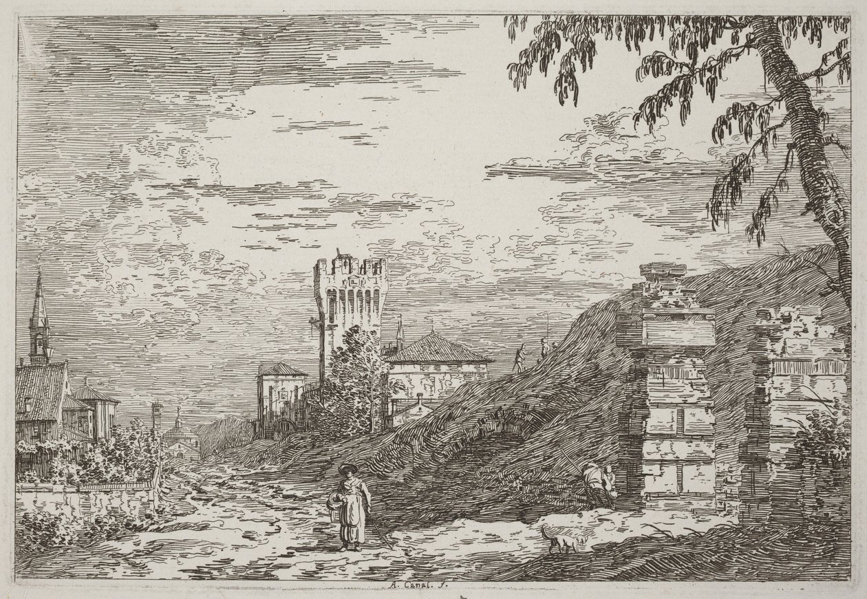 Landschaft mit Turm und zwei zerstörten Säulen [links] von Canaletto