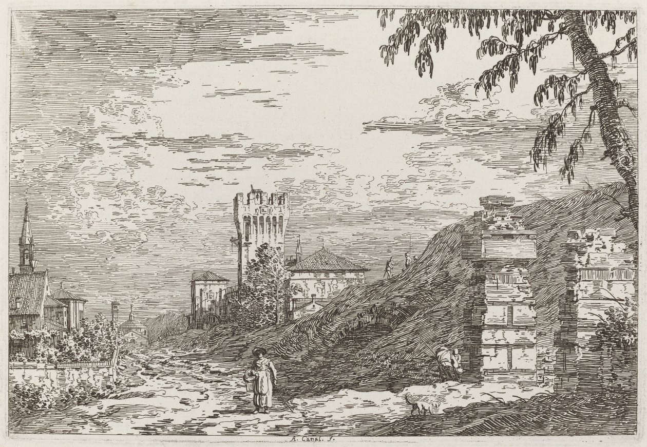 Landschaft mit Turm und zwei zerstörten Säulen [links], ca. 1735-1746 von Canaletto