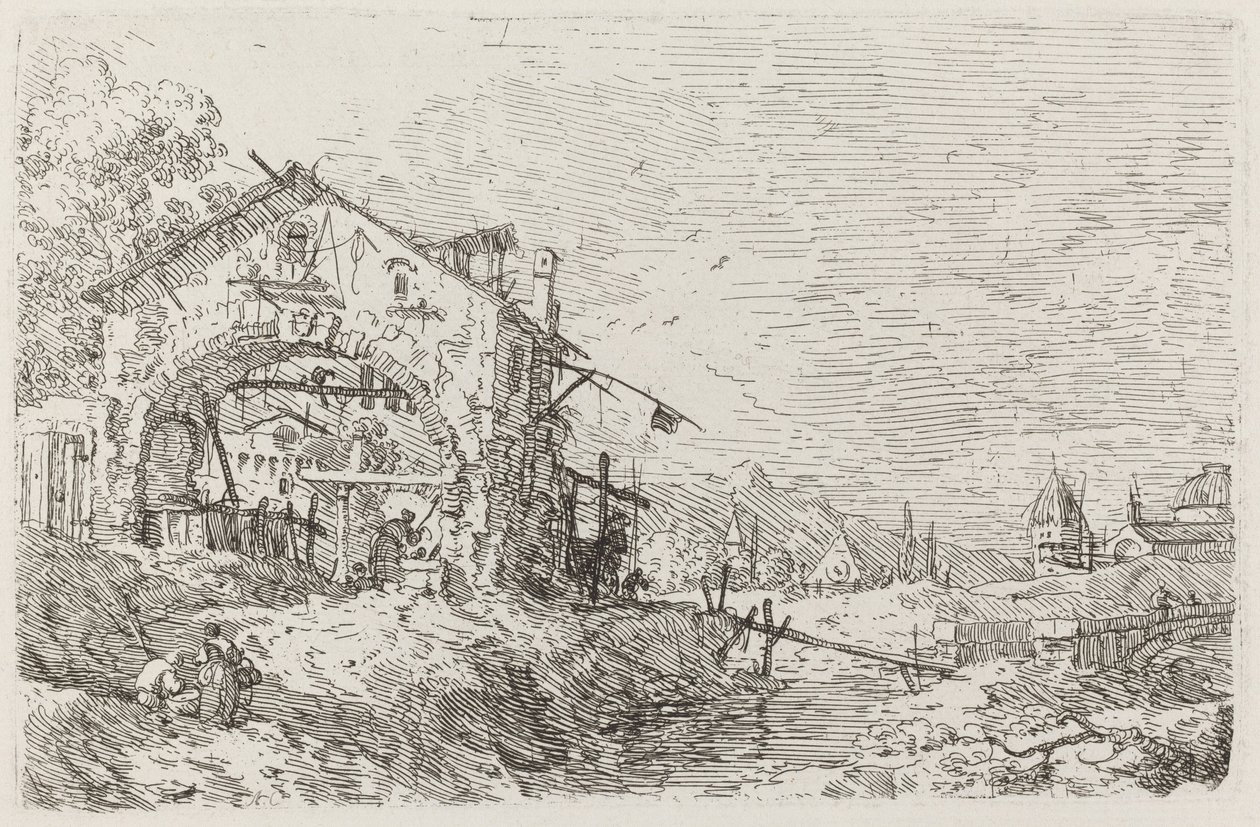 Landschaft mit einer Frau an einem Brunnen von Canaletto