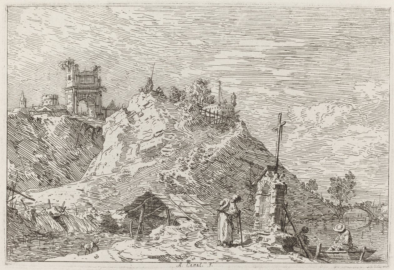 Landschaft mit dem Pilger im Gebet, ca. 1735-1746 von Canaletto
