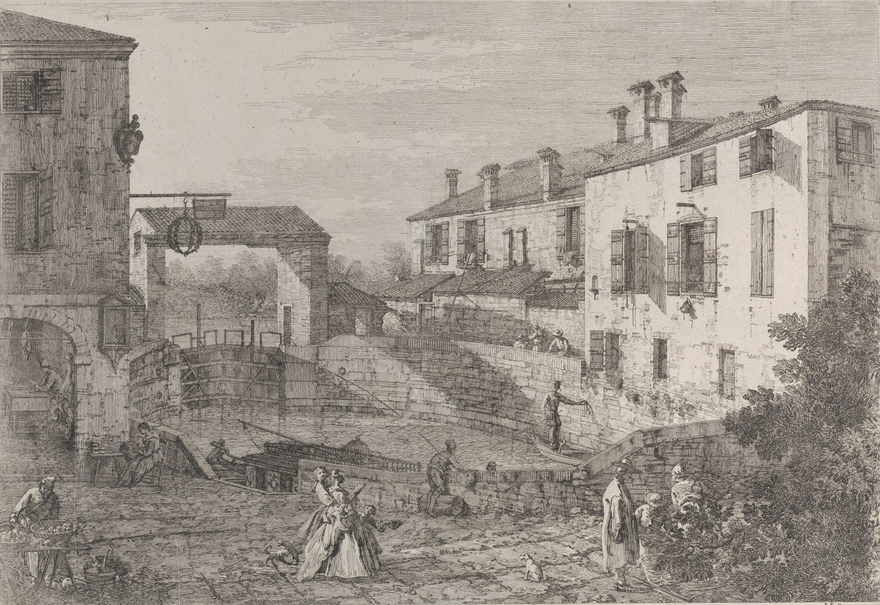 Le porte del Dolo: das ovale Becken der Schleusen in Dolo, mit einem an der Kaimauer festgemachten Lastkahn..., 1735-46 von Canaletto