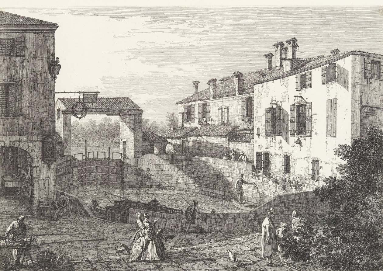 Die Schleusen von Dolo, ein ovales Becken mit Booten in der Mitte, Gebäude auf beiden Seiten,..., 1735-46 von Canaletto