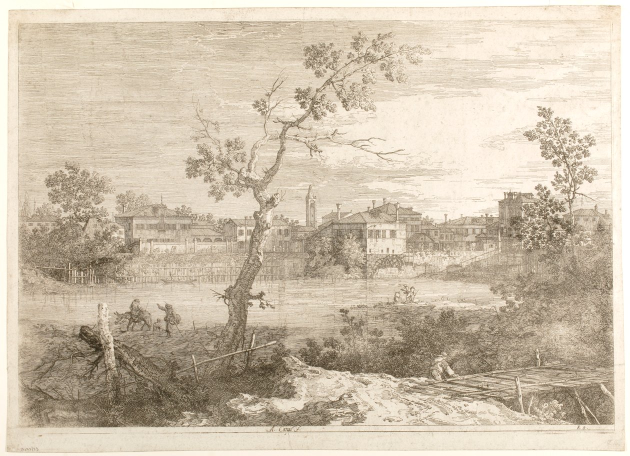 Ansicht einer Stadt am Flussufer, aus der Serie „Ansichten“ von Canaletto