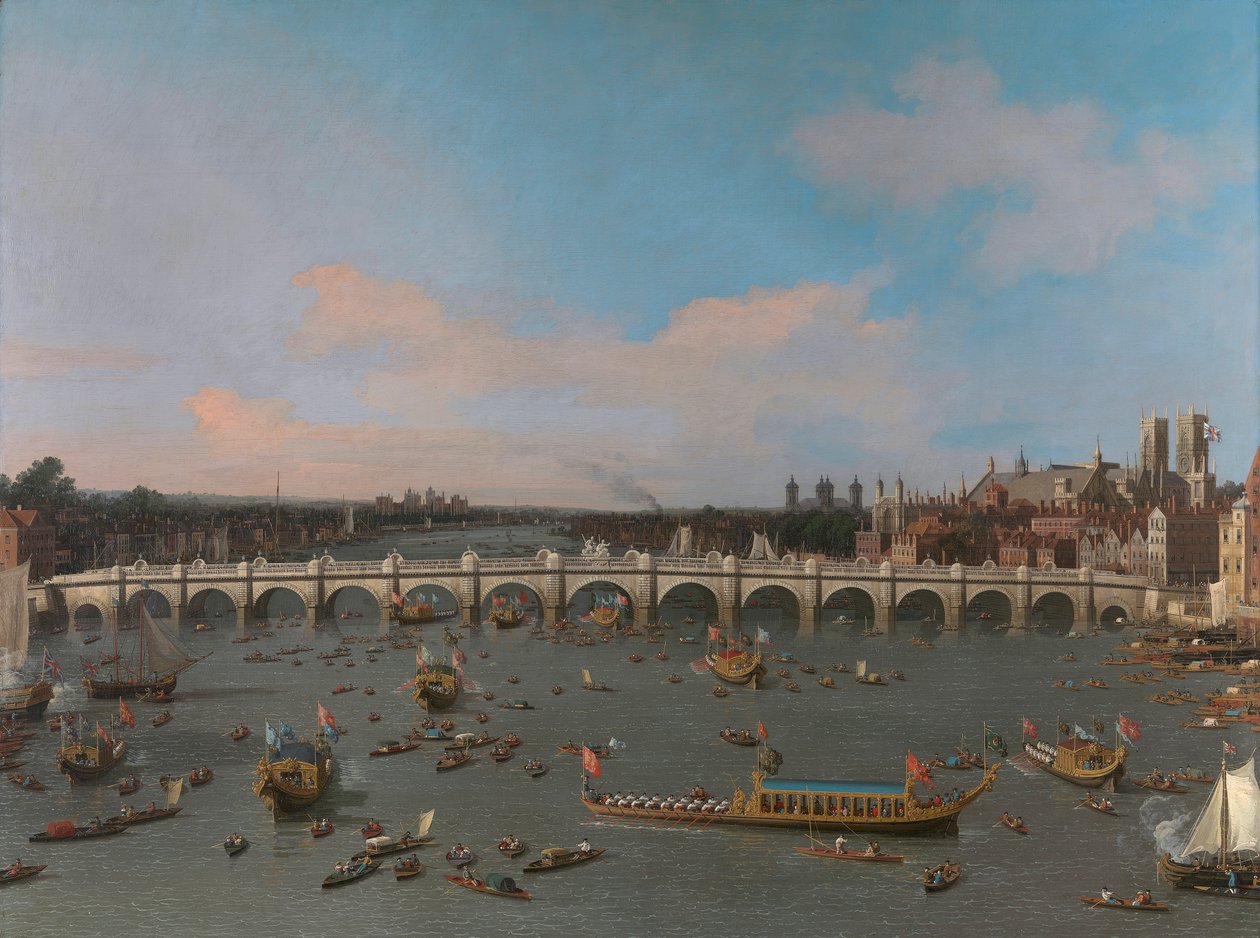 Westminster Bridge, mit der Prozession des Lord Mayor auf der Themse von Canaletto