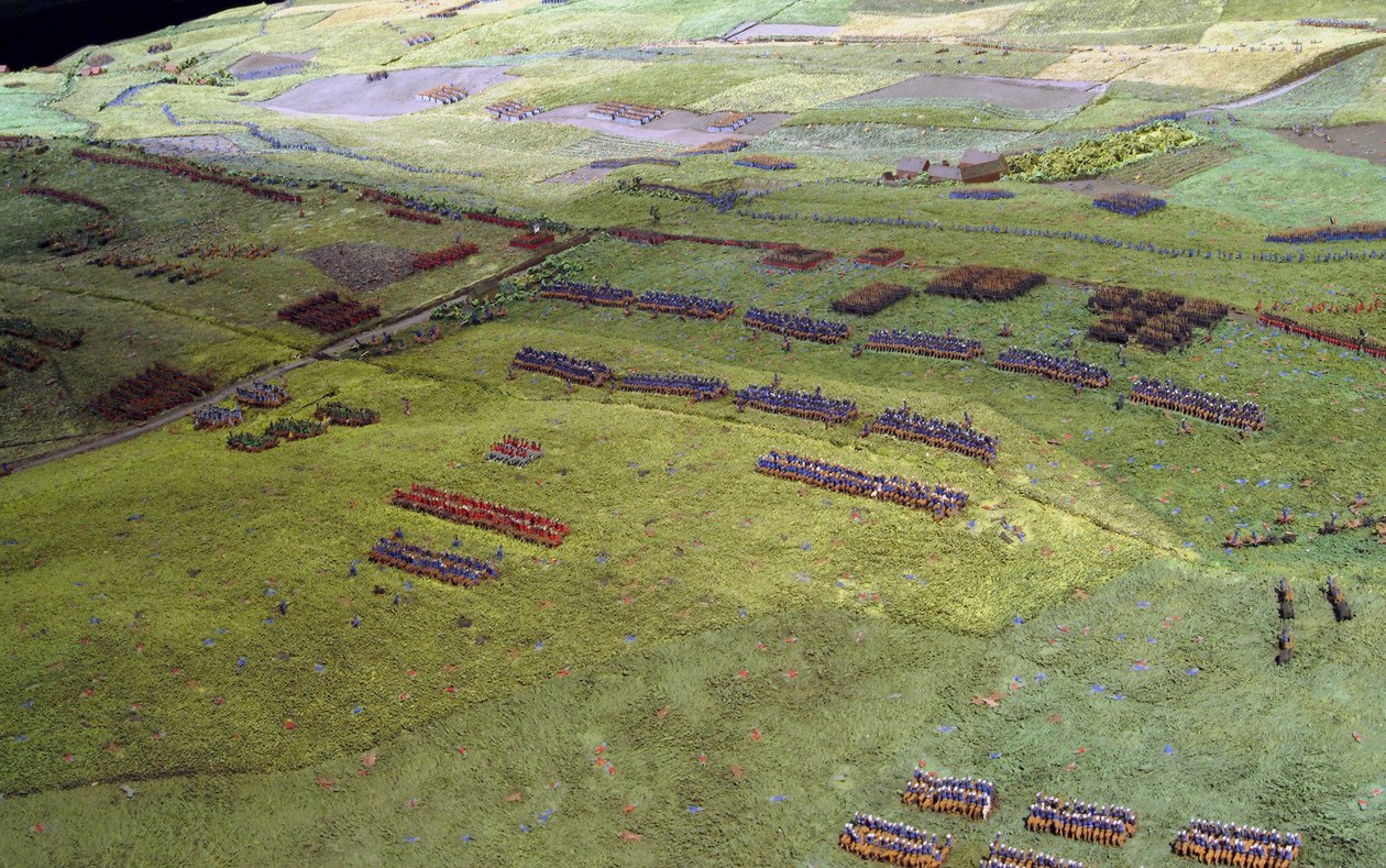 Diorama der Schlacht von Waterloo, das die Truppenpositionen um 19.45 Uhr am 18. Juni 1815 zeigt (Mischtechnik) (Detail) von Capt. William Siborne