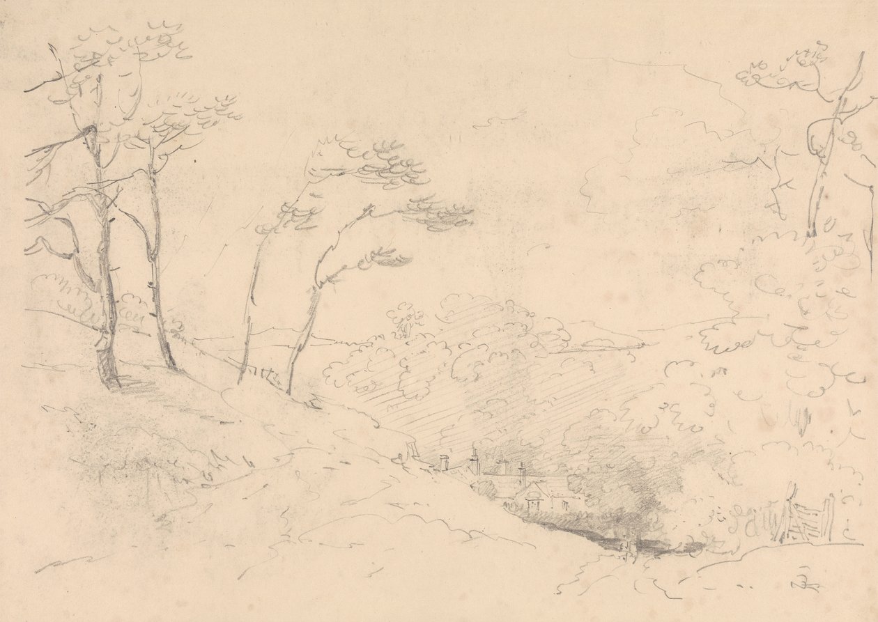 Skizze von Bäumen und Hügeln über dem Barton Farm House, Isle of Wight von Capt. Thomas Hastings