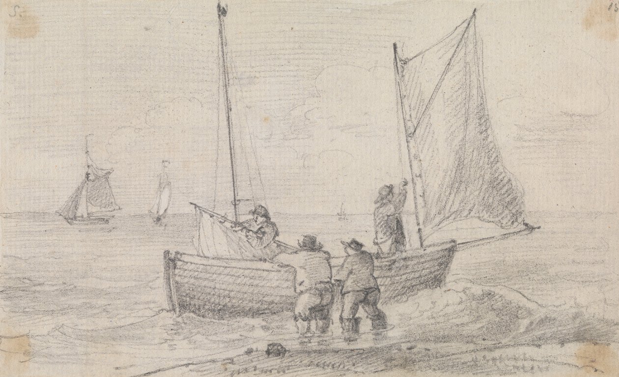 Skizze einer Gruppe, die die Segel am Ufer von Hastings vorbereitet von Capt. Thomas Hastings