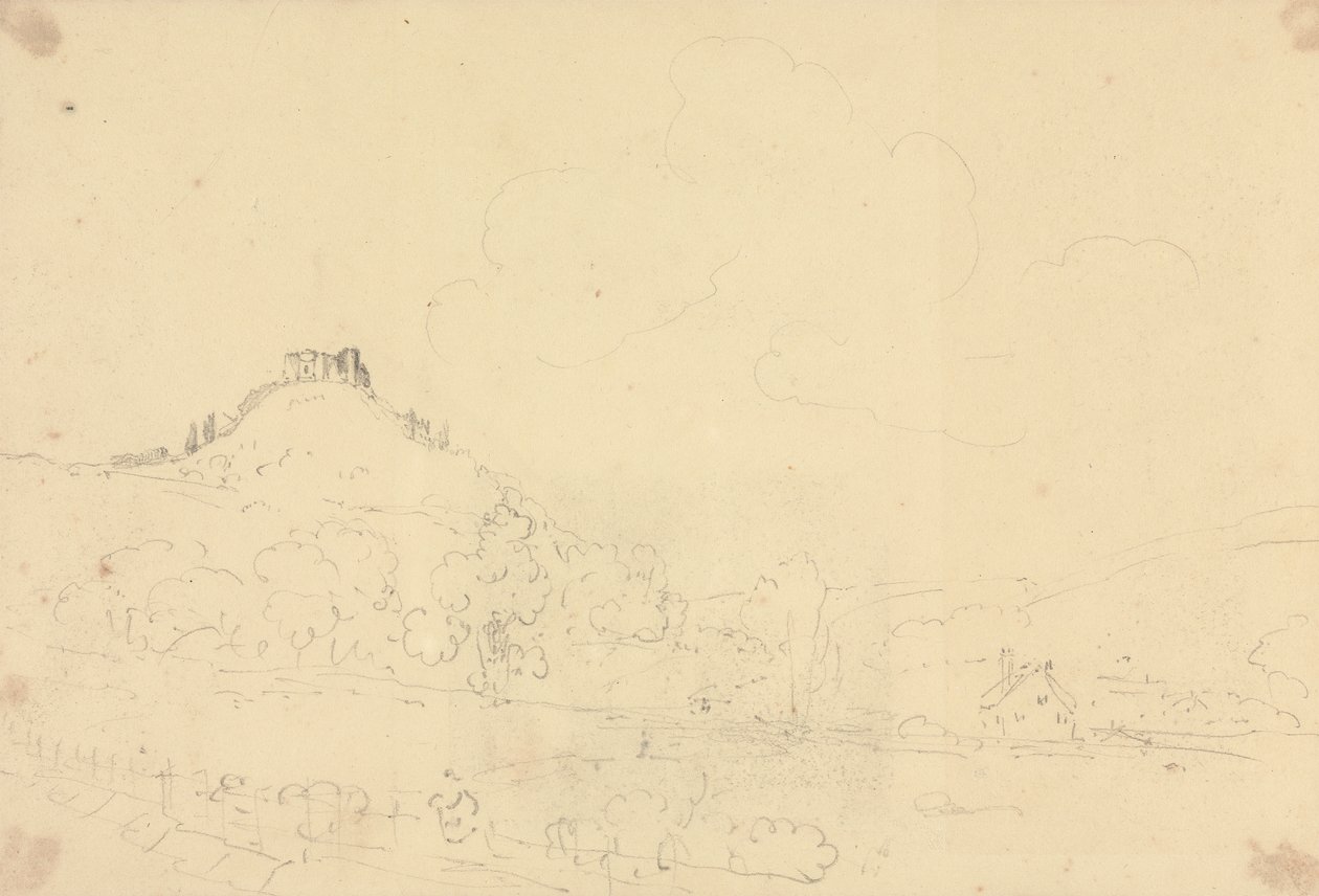 Skizze einer Burg auf einem Hügel mit Häusern darunter von Capt. Thomas Hastings