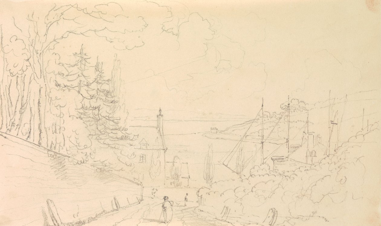 Skizze einer Straße, die zum Ufer mit angedockten Schiffen hinabführt von Capt. Thomas Hastings