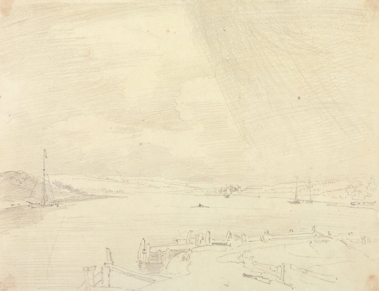 Skizze einer Küstenlandschaft mit Pier im Vordergrund, Isle of Wight von Capt. Thomas Hastings