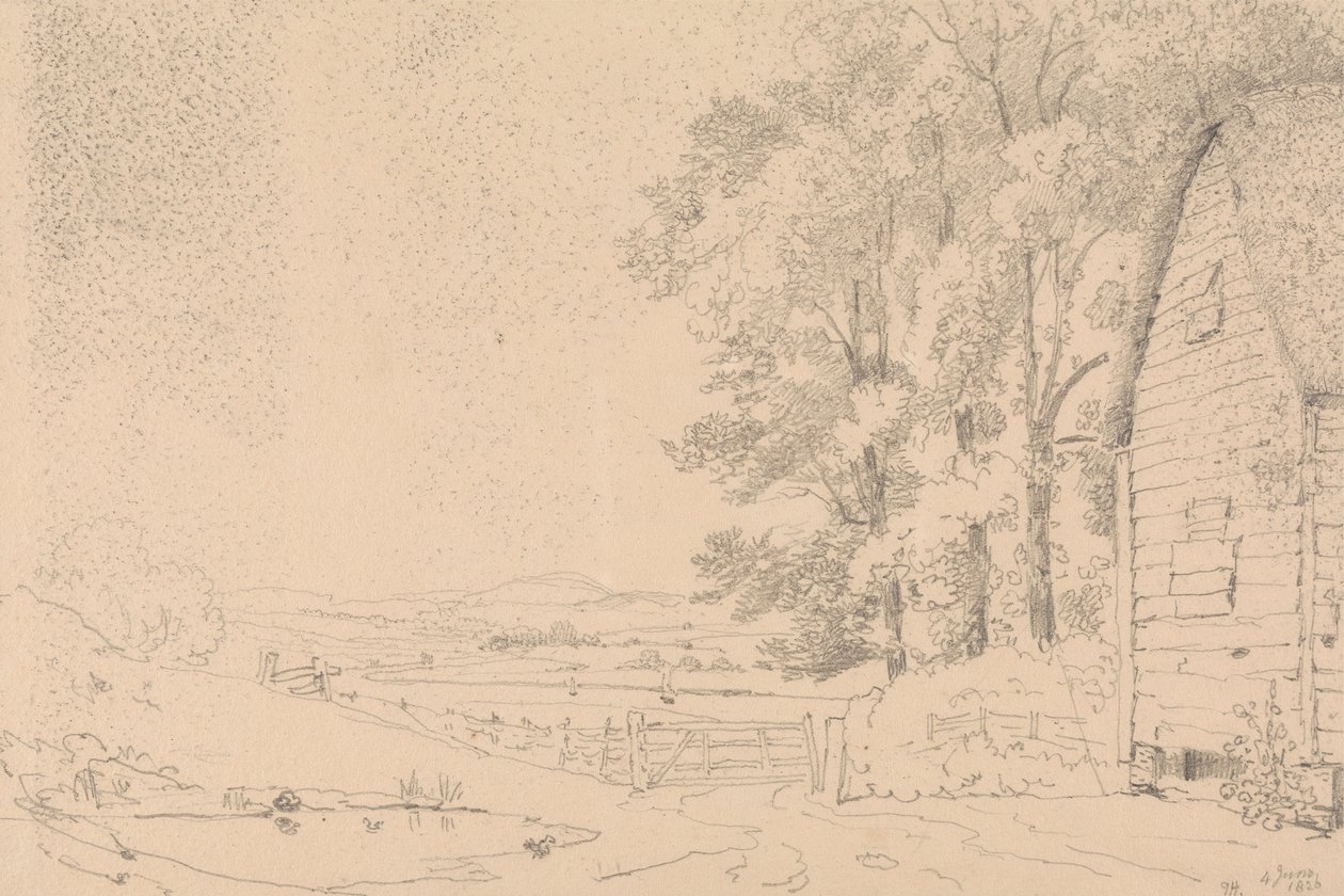 Skizze eines strohgedeckten Gebäudes und eines Flusses dahinter von Capt. Thomas Hastings