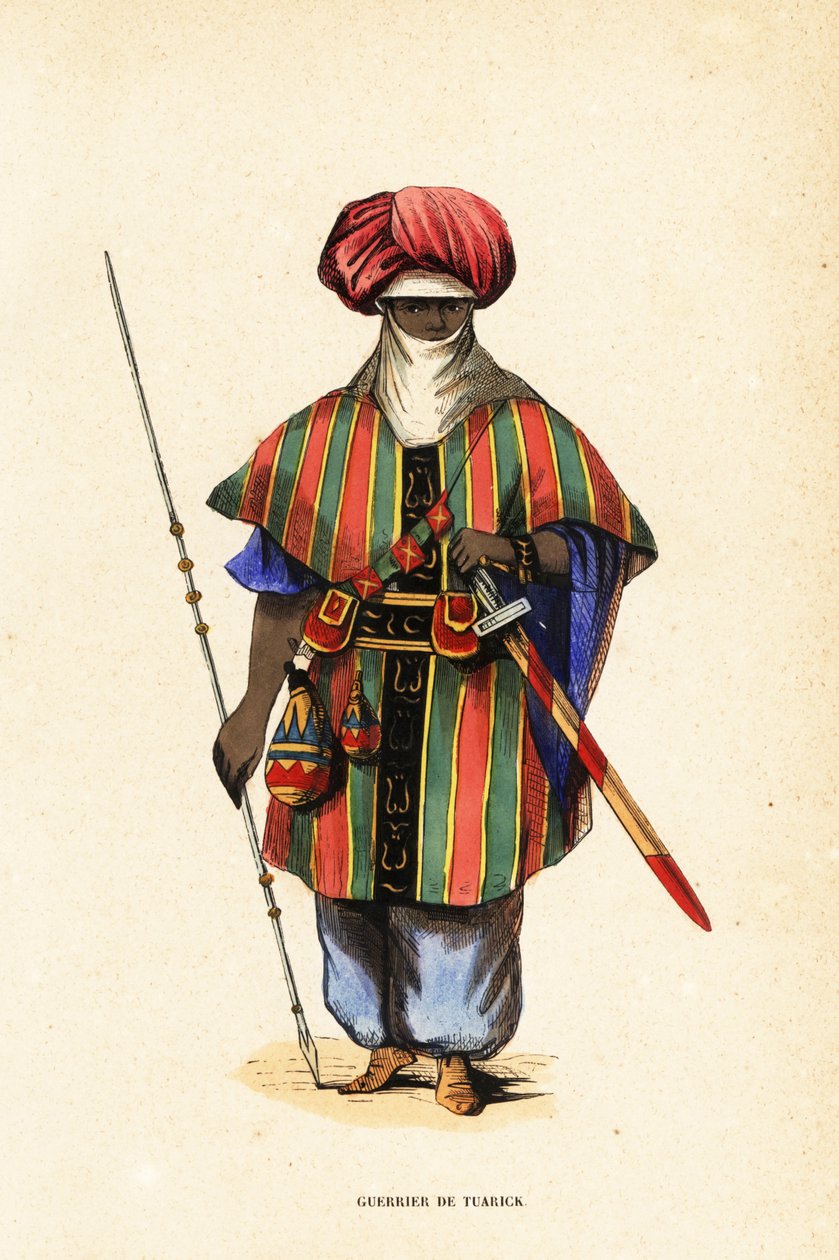 Edler Tuareg-Krieger von Agadez, Niger, in Tagelmust (Turban und Schleier), Taktkat (Hemd) und Akarbey (Hose) von Captain George Francis (after) Lyon