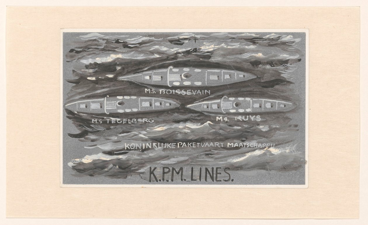Entwurf für Vignette der Koninklijke Paketvaart Maatschappij, K.P.M. Lines von Carel Adolph Lion Cachet
