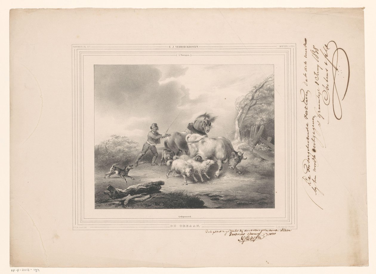 Bauer mit seinen Tieren auf der Flucht vor einem Orkan von Carel Christiaan Antony Last