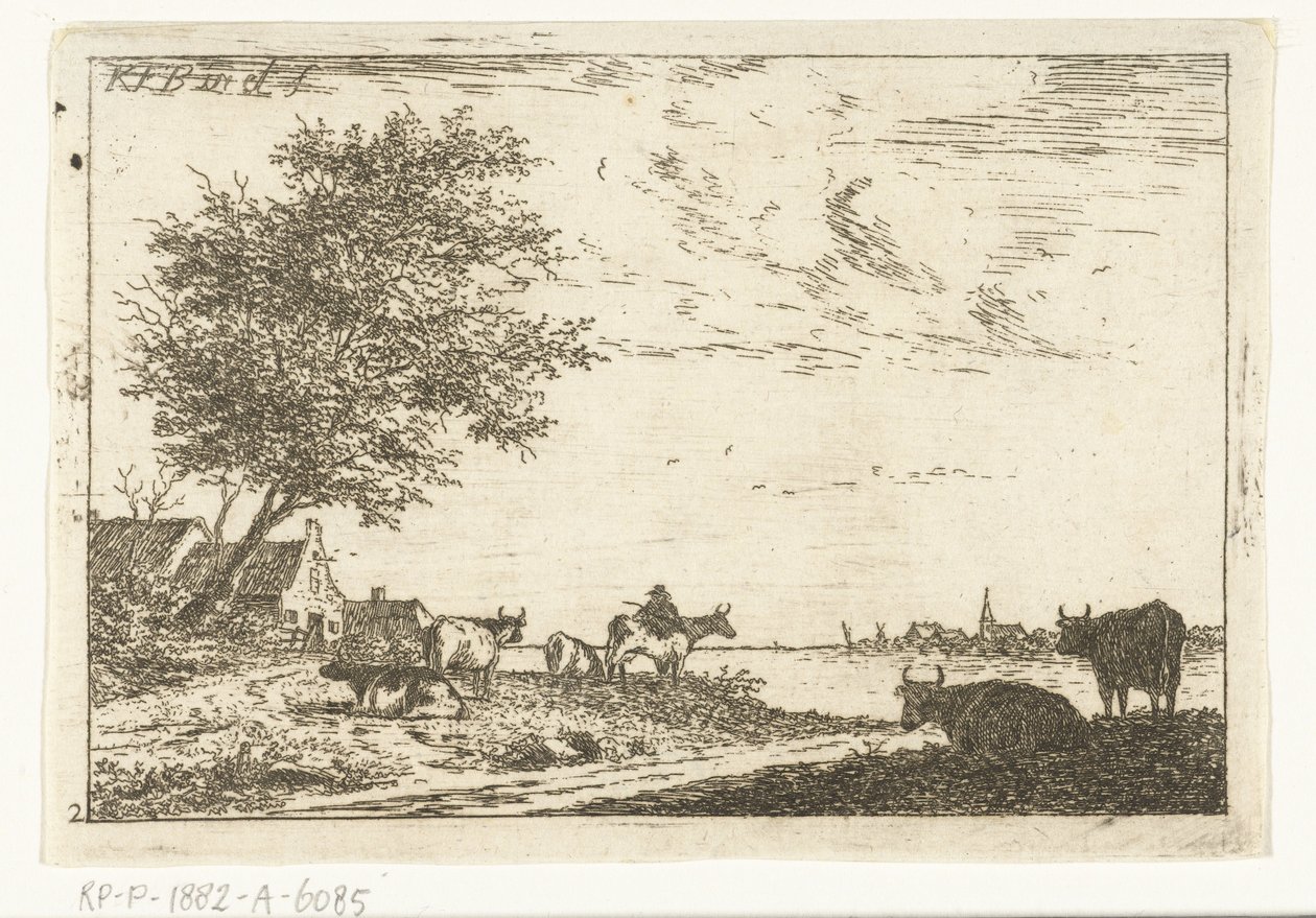Flusslandschaft mit Bauer und Kühen bei Bauernhof von Carel Frederik Bendorp (I)