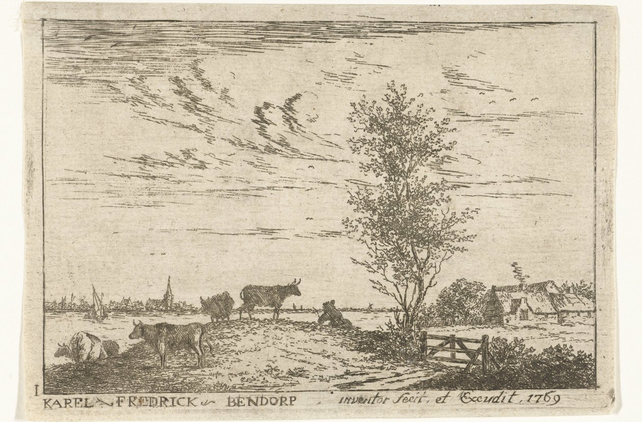 Titelblatt mit Flusslandschaft mit Kühen von Carel Frederik Bendorp (I)