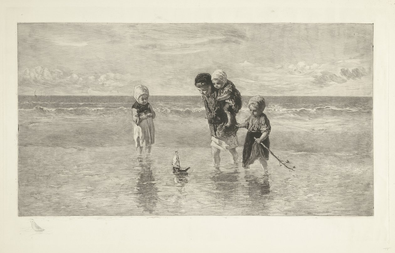 Vier Kinder spielen mit einem Spielzeugboot am Strand im seichten Meerwasser von Carel Lodewijk Dake