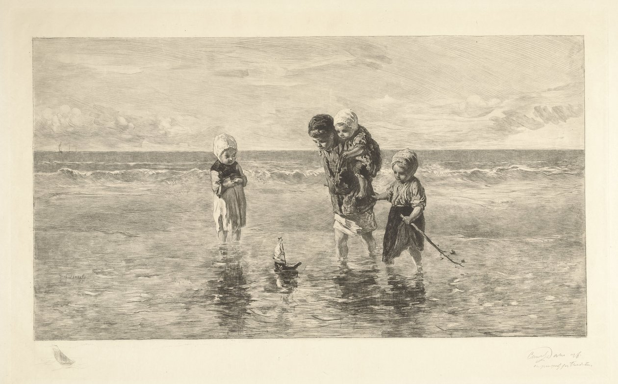 Vier Kinder spielen mit Spielzeugboot am Strand im seichten Meerwasser von Carel Lodewijk Dake