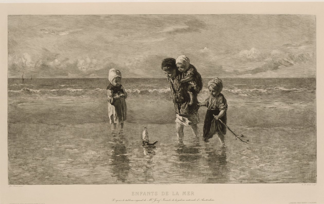 Vier Kinder spielen mit einem Spielzeugboot am Strand im flachen Meerwasser (Serie: Kinder der See, Enfants de la mer) von Carel Lodewijk Dake