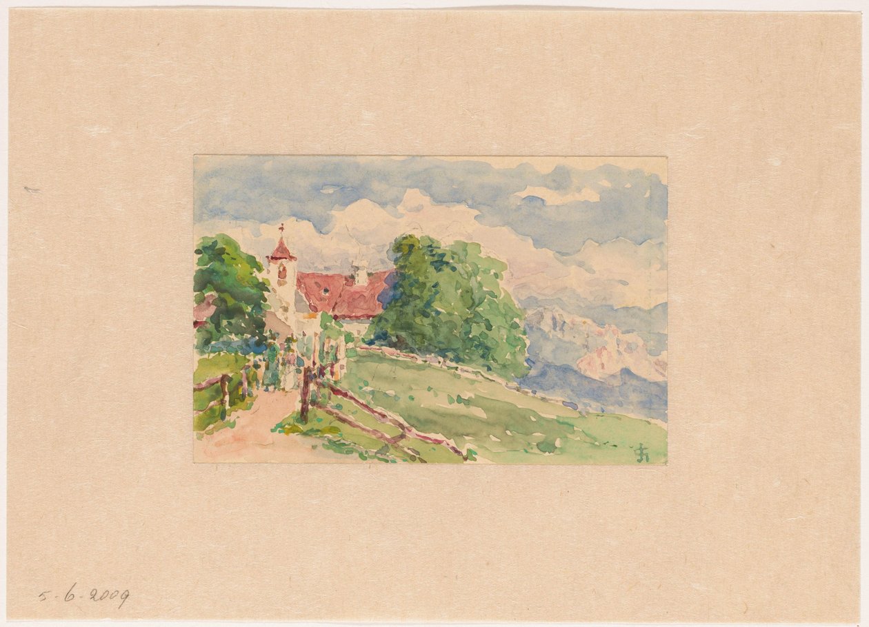 Oberbozen, ein schmaler Weg führt zu einer Kirche auf einem Berghang von Carel Nicolaas Storm van 