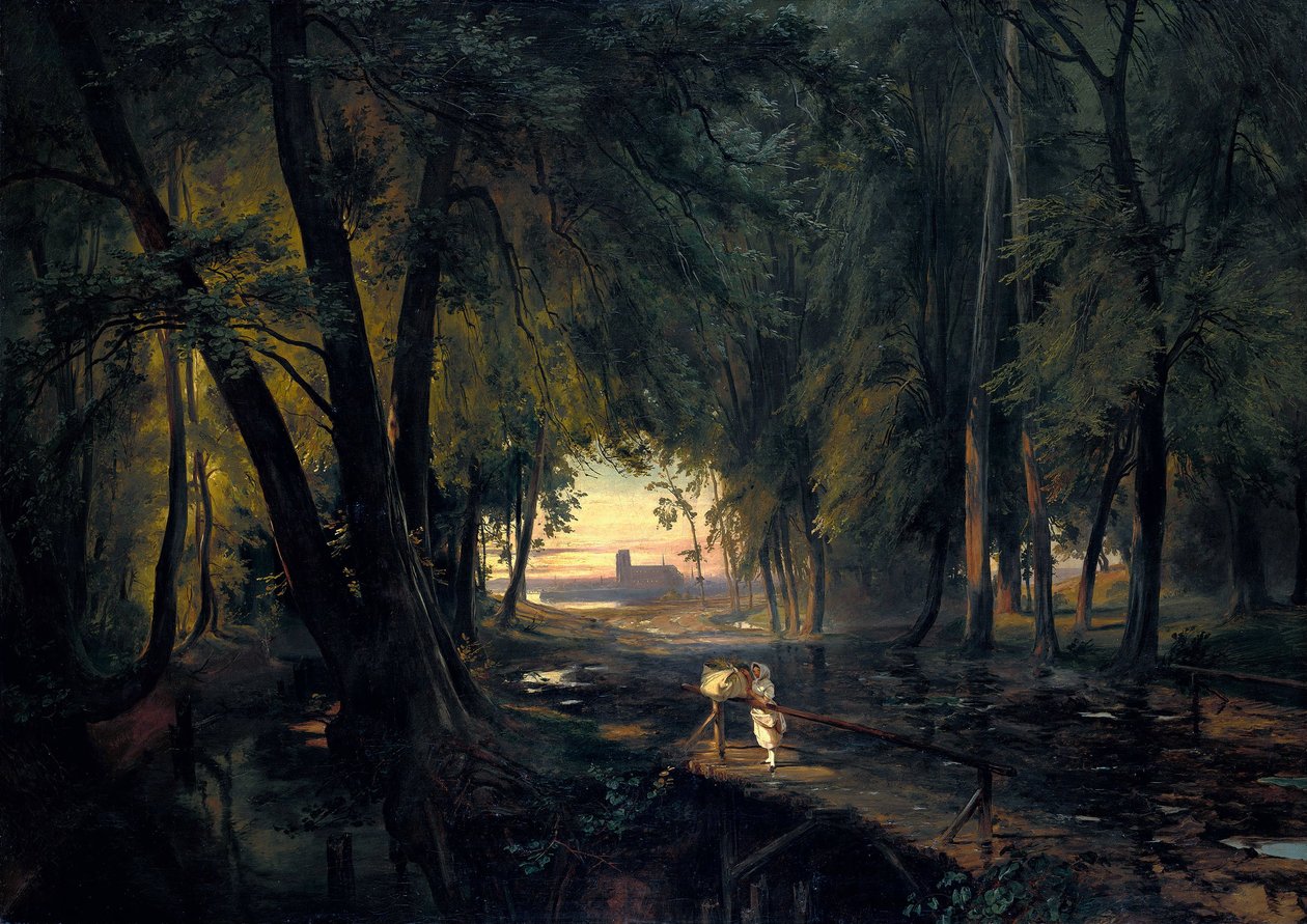 Waldweg mit Blick auf eine Kirche / Waldweg bei Spandau von Carl Blechen