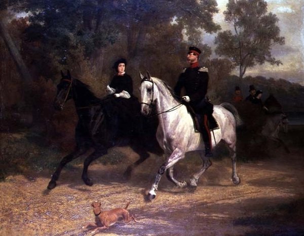 Eine Dame und ein Offizier, möglicherweise Kronprinz und Kronprinzessin von Preußen, reiten in einem Park von Carl Constantin Steffeck