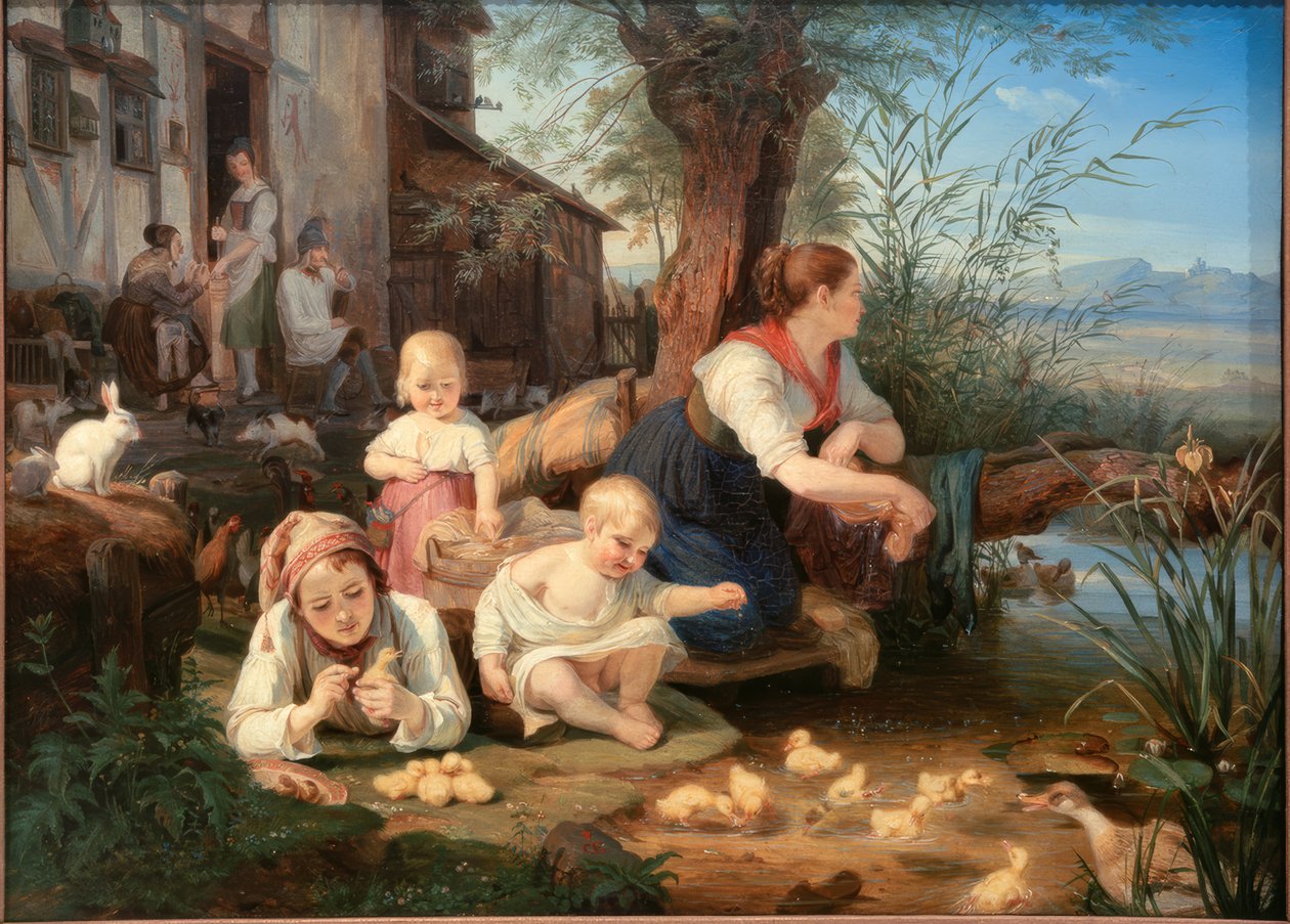 Mutter mit Kindern am Dorfweiher von Carl Engel von Rabenau