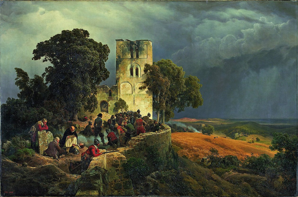 Die Belagerung und Verteidigung eines Kirchhofs während des Dreißigjährigen Krieges, 1848 von Carl Friedrich Lessing