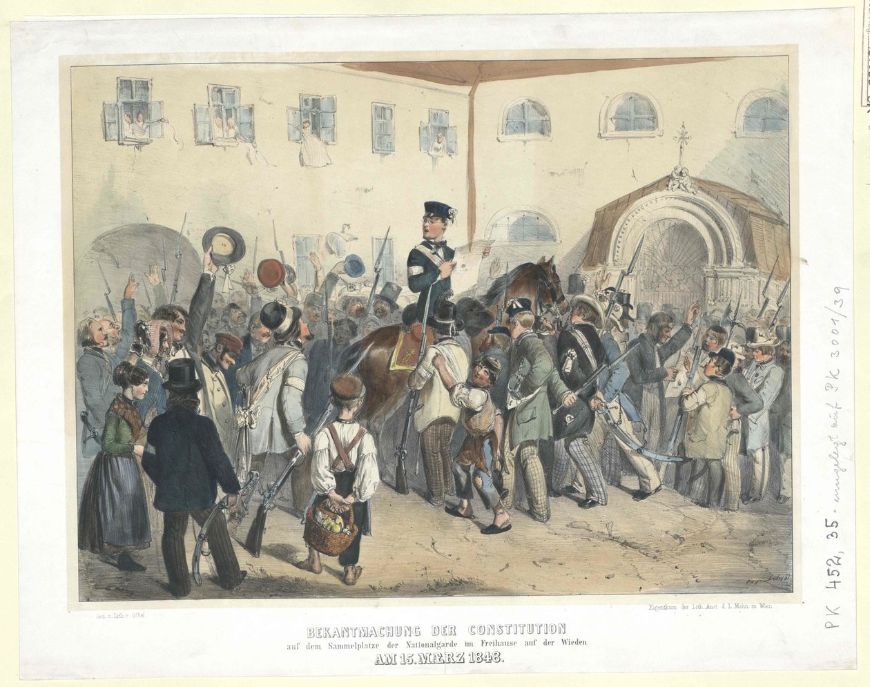 Proklamation der Verfassung auf dem Versammlungsplatz der Nationalgarde im Freihaus auf der Wieden am 15. März 1848 von Carl Goebel
