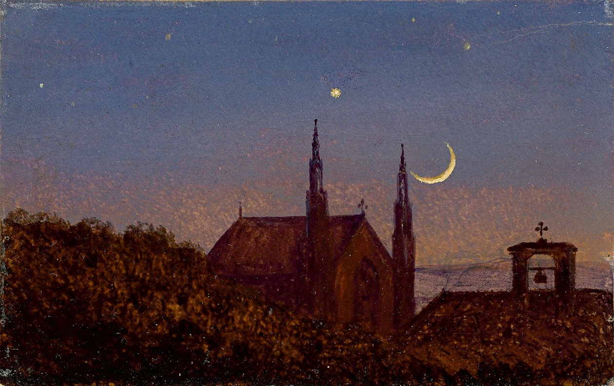 Gotische Kirche über Baumwipfeln bei Mondenschein (Kleine Mondscheinlandschaft mit Kirchlein) von Carl Gustav Carus