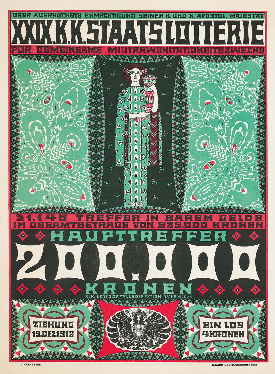 Plakat zur Werbung für die 24. königlich österreichische Wohltätigkeitslotterie im Jahr 1912 von Carl Krenek