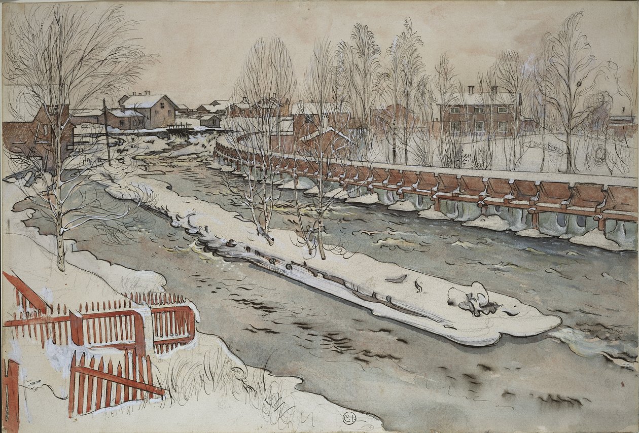 Die Holzrutsche, Winterszene, aus der Serie Ein Zuhause, ca. 1895 von Carl Larsson