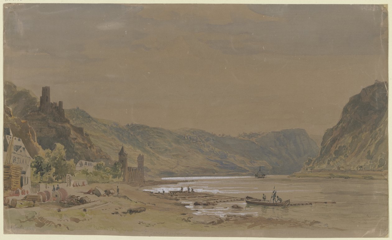 Ansicht von Sankt Goarshausen mit der Burg Maus, im Hintergrund der Loreleyfelsen von Carl Morgenstern