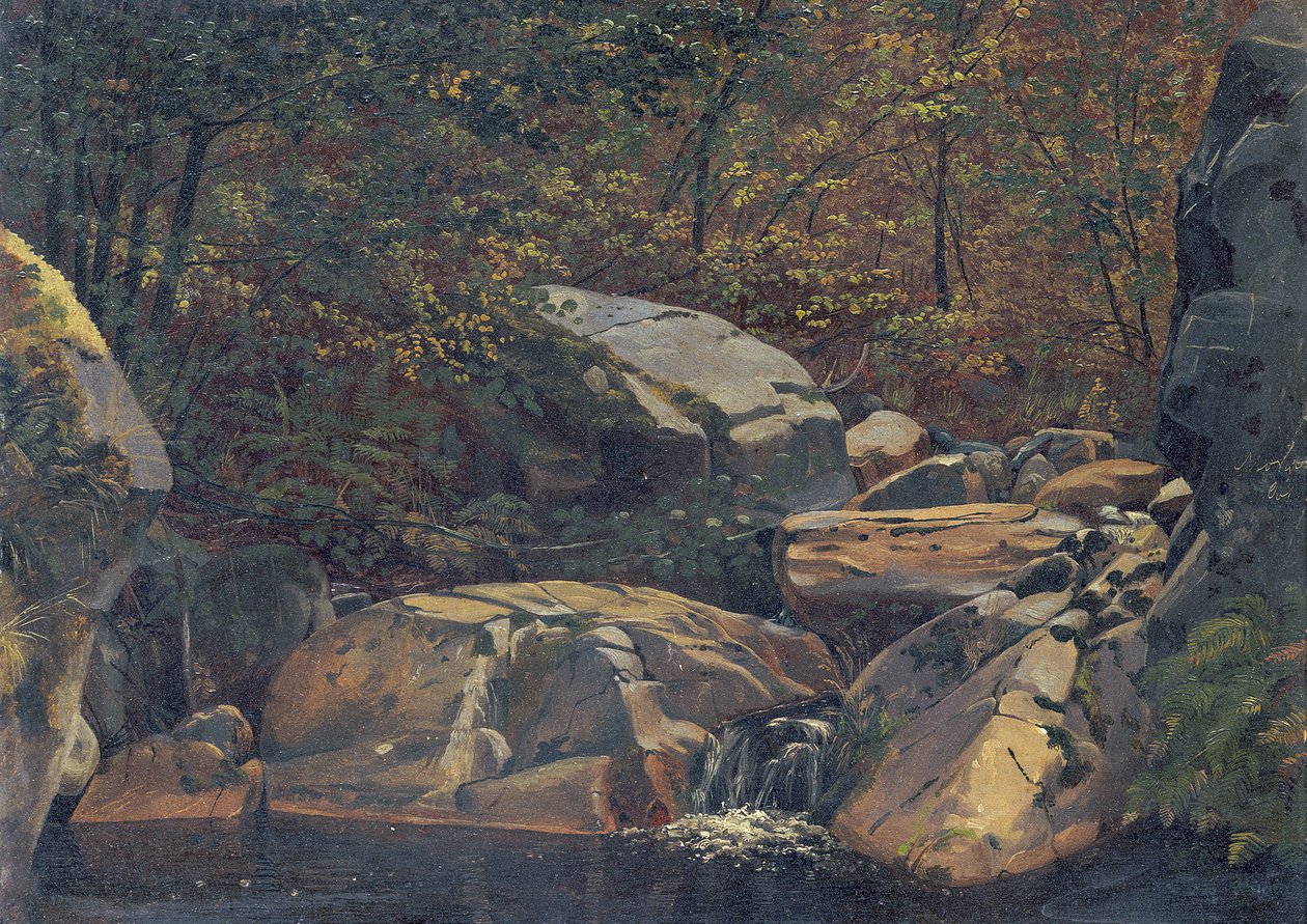 Waldbach (Wasserfall zwischen Felsblöcken) von Carl Morgenstern