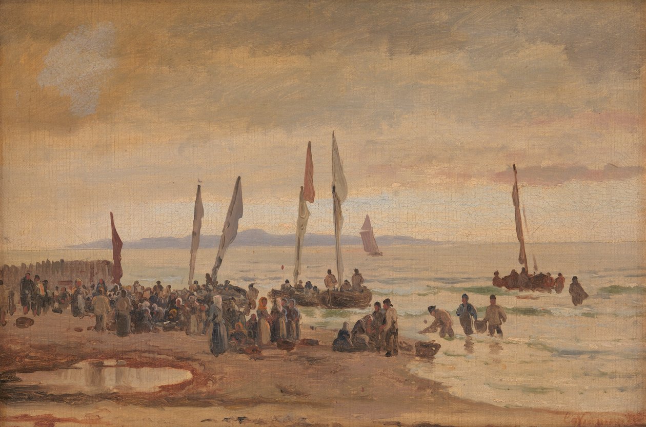 Heimkehrende Fischer werden am Strand von Hornbæk empfangen von Carl Neumann