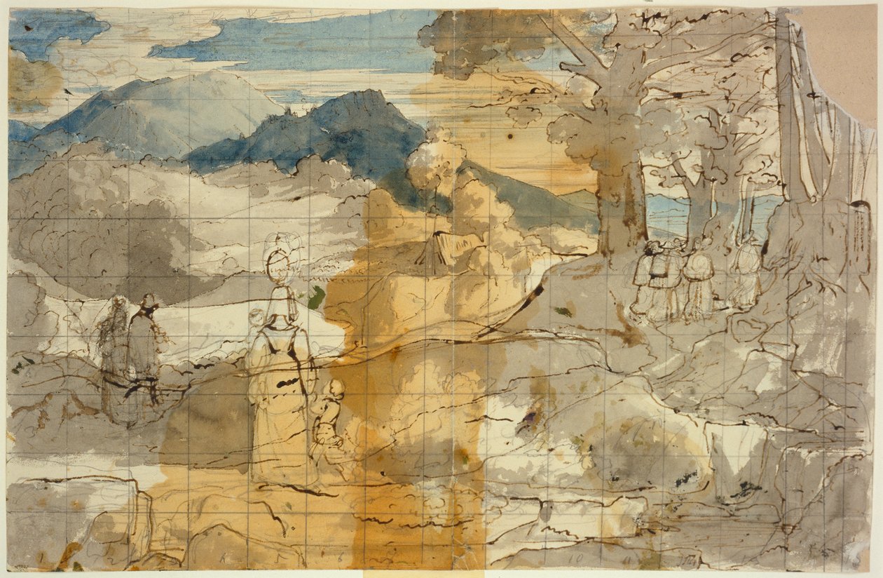 Landschaft bei Rocca Canterano mit einer Frau mit Kindern, Hirten und Pilgern von Carl Philipp Fohr