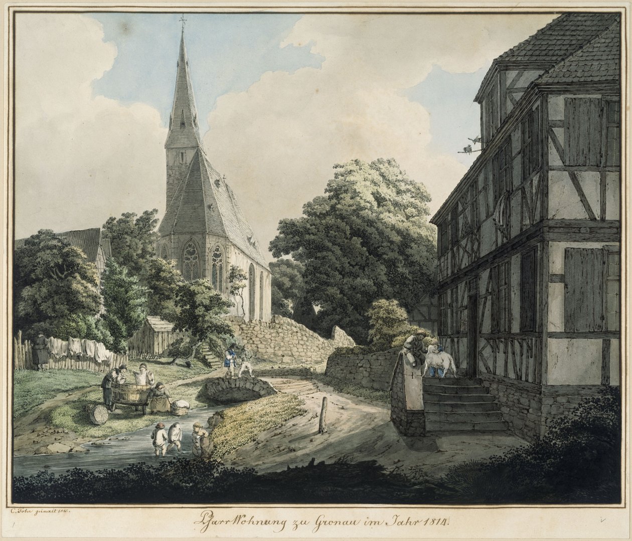 Pfarrhaus und Kirche zu Gronau im Jahr 1814 von Carl Philipp Fohr