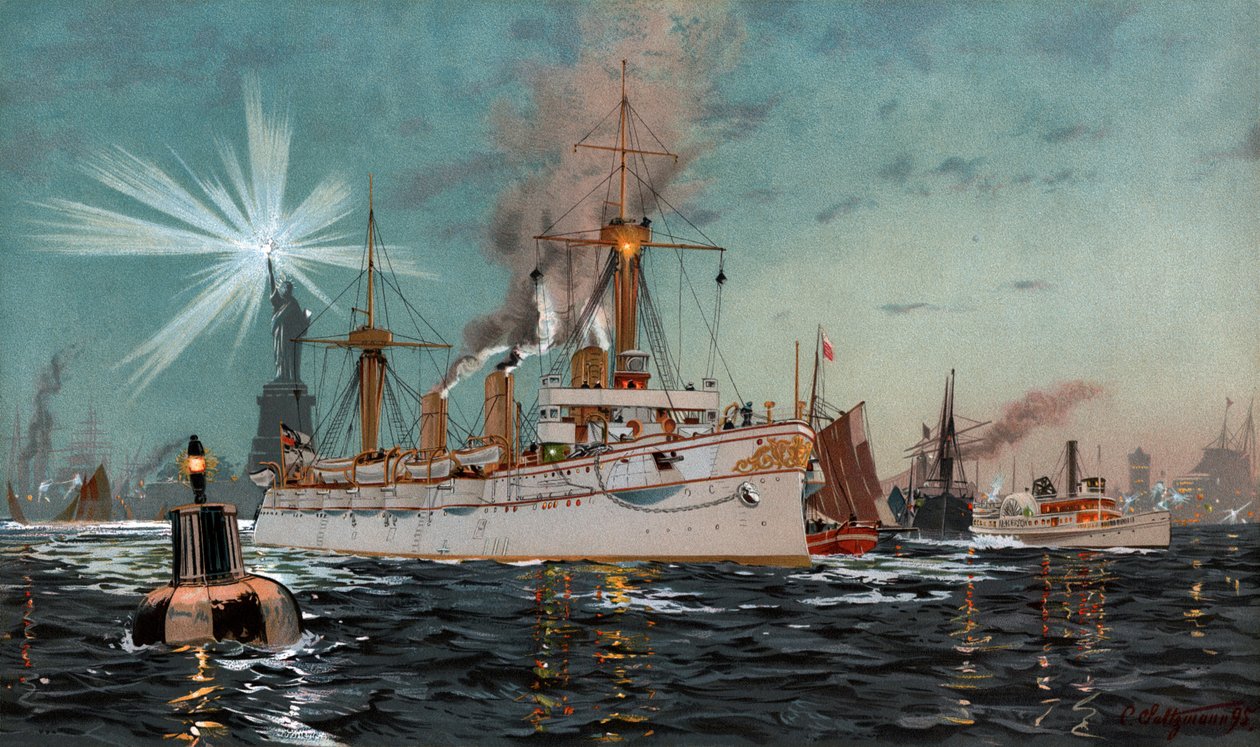 Kaiserin Augusta verlässt New York, Chromolithographie von C. Saltzmann 95, Nr. 13 aus G. Wislicenus, Unsere Kriegsflotte von Carl Saltzmann