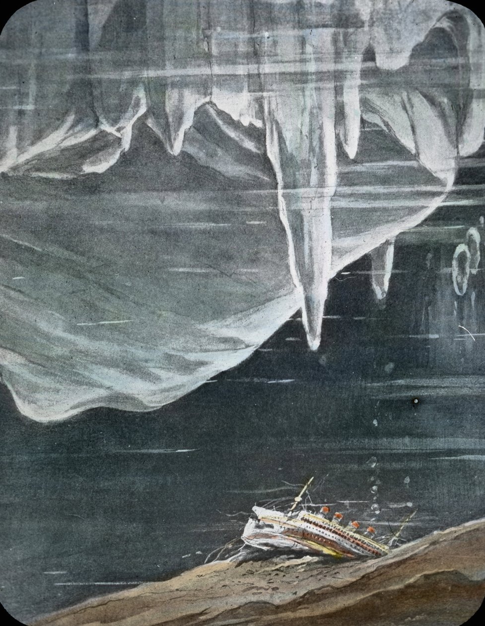 Die Jungfernfahrt der Titanic 1912, Titanic-Katastrophe, Illustration, das Sinken der Titanic, handkolorierte Glasplatte von Carl Simon